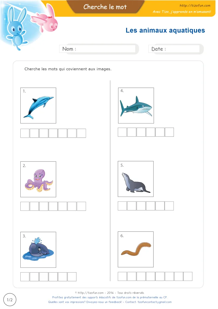 Aperçu des animaux aquatiques en images, avec ses six dessins et une grille de lettres vide sous chacun.