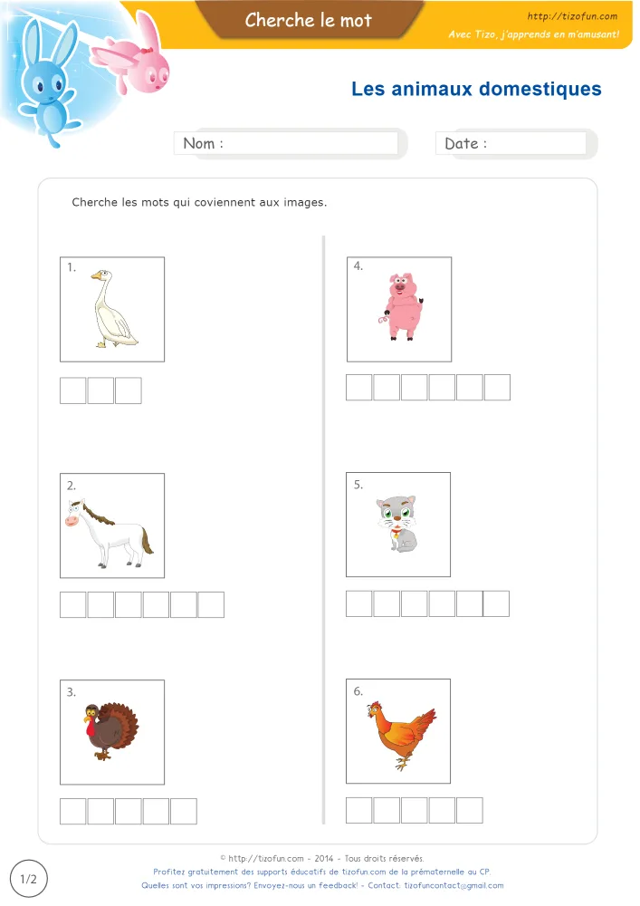 Aperçu des mots des animaux de la ferme en images, avec ses six dessins et une grille de lettres vide sous chacun.