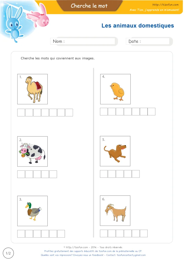 Aperçu du vocabulaire des animaux domestiques en images, avec ses six dessins et une grille de lettres vide sous chacun.
