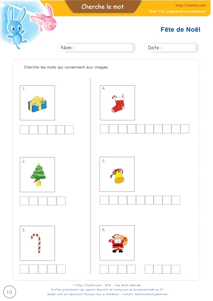 Aperçu du vocabulaire de la fête de Noël en images, avec ses six dessins et une grille de lettres vide.