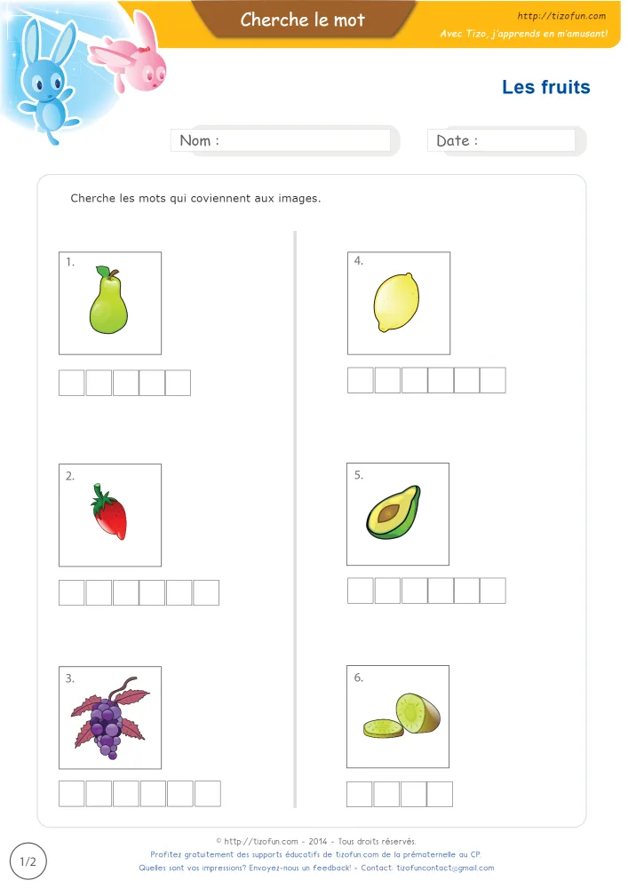 Aperçu des noms des fruits en images, avec ses six dessins de fruits et une grille de lettres vide sous chacun.