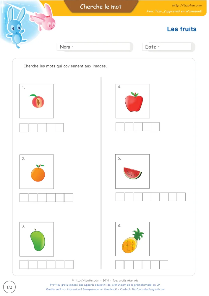 Aperçu du vocabulaire des fruits du marché en images, avec ses six dessins et une grille de lettres vide.