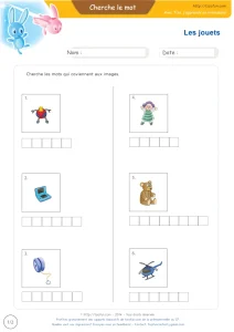 Vocabulaire des jouets d’enfants en images : 6 mots à écrire