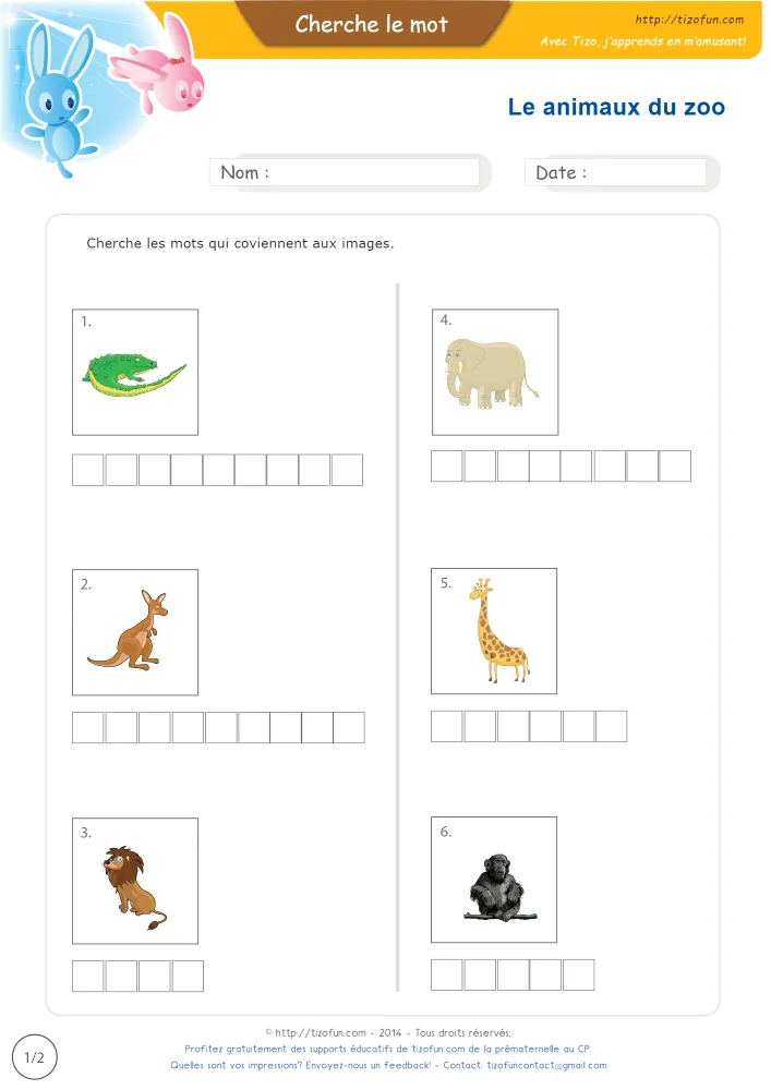 Aperçu des grands animaux du zoo en images, avec ses six dessins et une grille de lettres vide sous chacun.