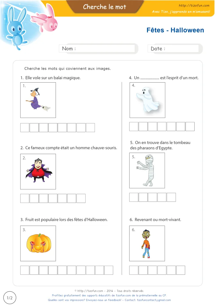 Aperçu du vocabulaire des monstres d'Halloween en images, avec ses six dessins et une grille de lettres.