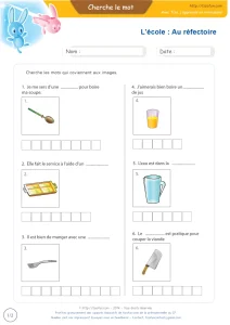 Les mots du repas à la cantine en images : 6 mots à écrire
