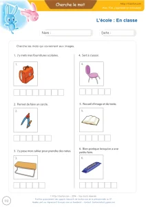 Vocabulaire des objets de la classe en images : 6 mots à écrire