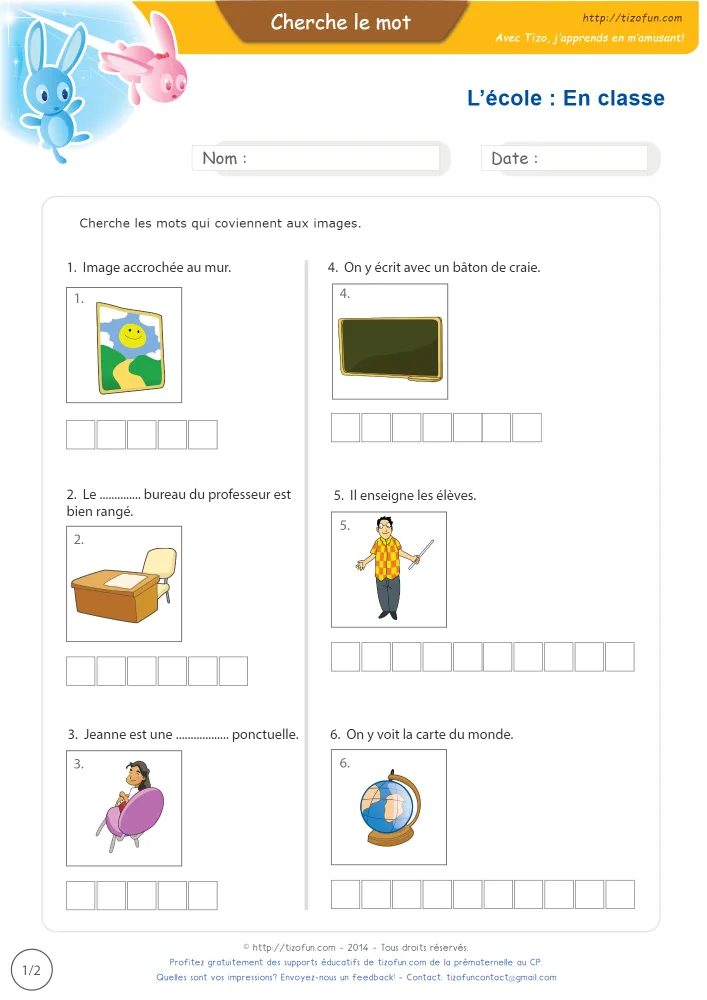 Aperçu des mots de la salle de classe en images, avec ses six dessins et une grille de lettres sous chacun.