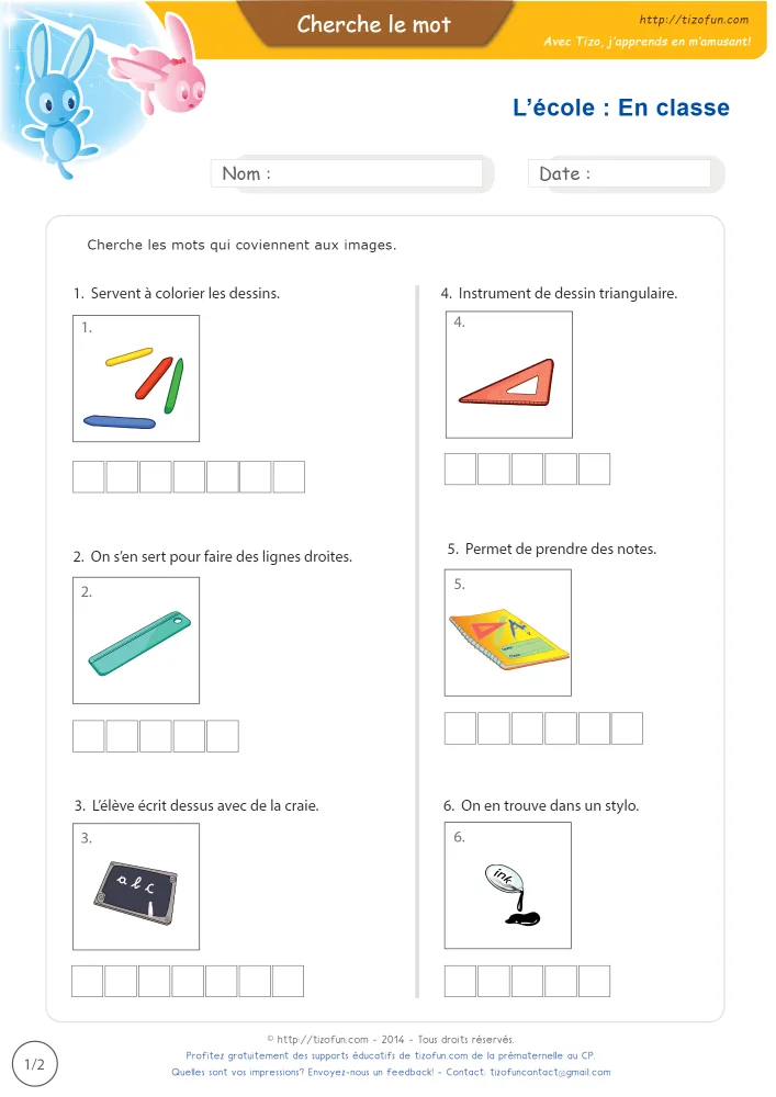 Aperçu du vocabulaire des outils pour tracer en images, avec ses six dessins et une grille de lettres sous chacun.