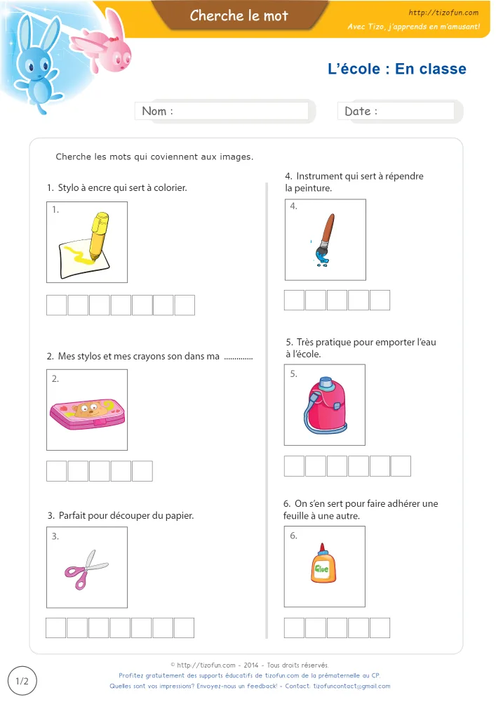 Aperçu du vocabulaire des fournitures scolaires en images, avec ses six dessins et une grille de lettres sous chacun.
