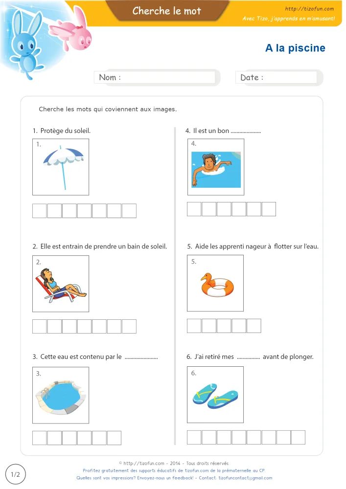 Aperçu du vocabulaire de la piscine et du bassin en images, avec ses six dessins et une grille de lettres sous chacun.
