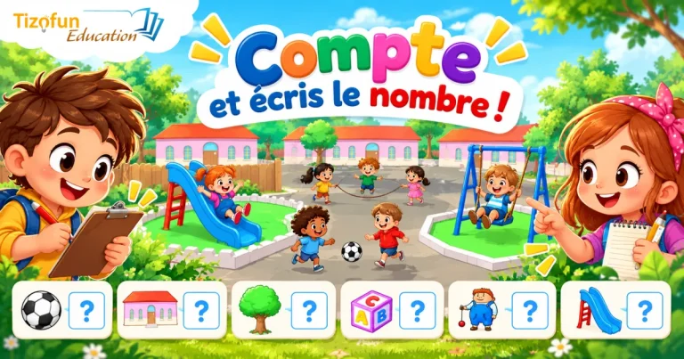 Compte et écris le nombre ! Un garçon avec son bloc-notes et une fille qui montre la cour d'école : ballon, bâtiments, arbres, cubes, enfants et toboggans à compter.