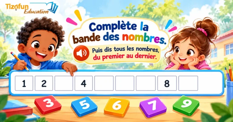 Deux enfants complètent une bande numérique de 1 à 9 avec des jetons de couleur
