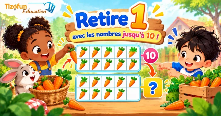 Deux enfants et un lapin au potager : une grille de 10 carottes, puis la même avec une carotte de moins — combien en reste-t-il ?