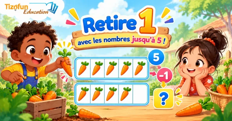 Deux enfants au potager : une rangée de 5 carottes, puis une rangée avec une carotte de moins — combien en reste-t-il ?
