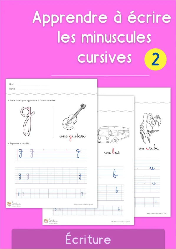 Minuscules cursives : 26 fiches, une lettre, une image, un mot — CP · CE1 · CE2