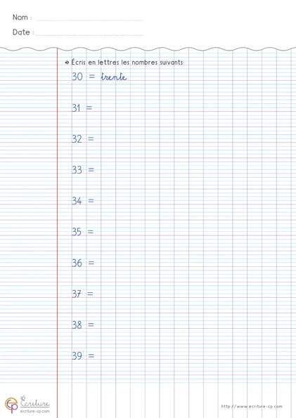 Écrire les nombres de 0 à 59, en chiffres et en lettres — CP à CE2 — aperçu 2