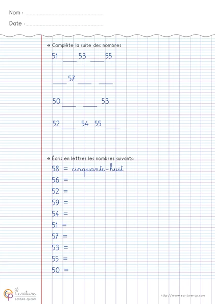 Écrire les nombres de 0 à 59, en chiffres et en lettres — CP à CE2 — aperçu 3