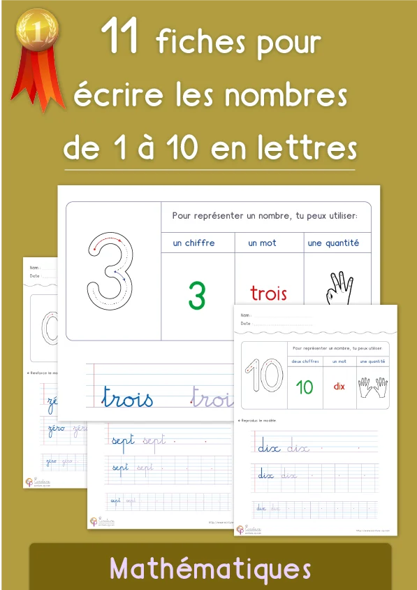 Nombres de 0 à 10 en lettres : 11 fiches en cursive — GS · CP · CE1