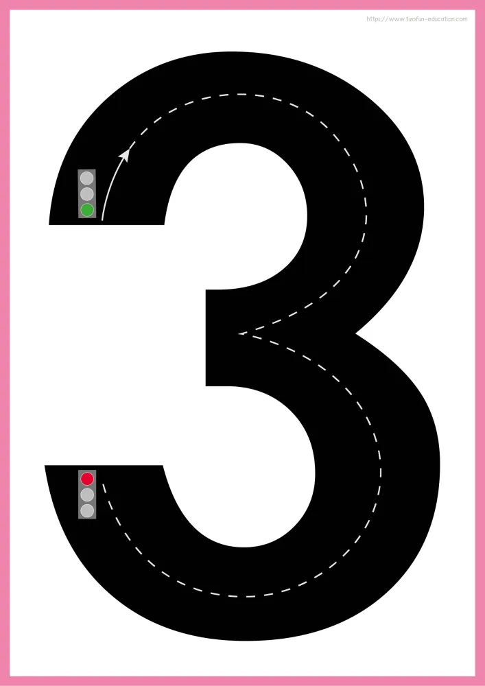 Aperçu de la piste du chiffre 3 à imprimer, cadre rose, deux feux de signalisation et flèche de sens.