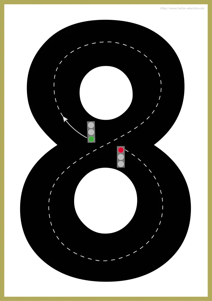 Aperçu de la piste du chiffre 8 à imprimer, cadre doré, ligne pointillée passant d'une boucle à l'autre.