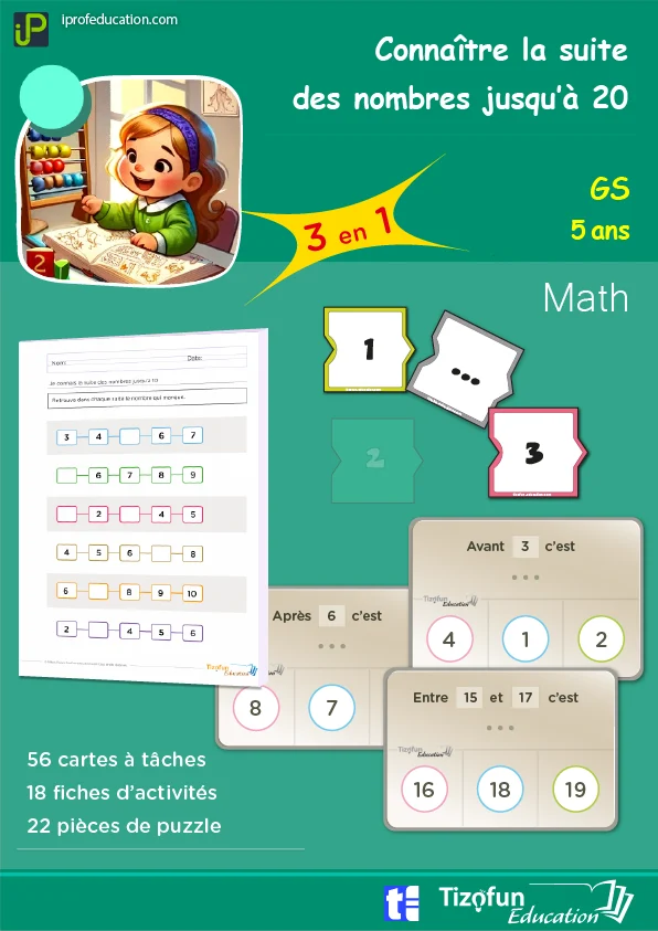 Suite des nombres jusqu'à 20 : 18 fiches, 56 cartes, puzzle — GS · CP