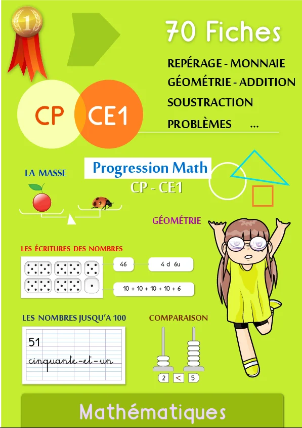 Progression maths CP · CE1 : 70 fiches, nombres, calcul, géométrie