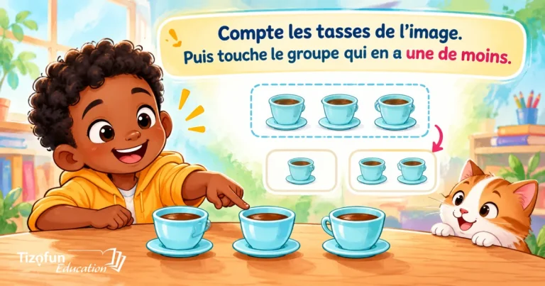 Compte les tasses, puis choisis le groupe qui en a une de moins : un garçon montre trois tasses sur la table, un chat regarde deux groupes au choix.
