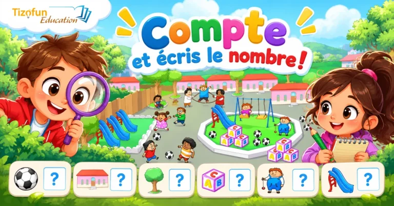 Compte et écris le nombre ! Un garçon à la loupe et une fille avec son carnet dans une cour d'école : ballons, maisons, arbres, cubes, enfants et toboggans à compter.