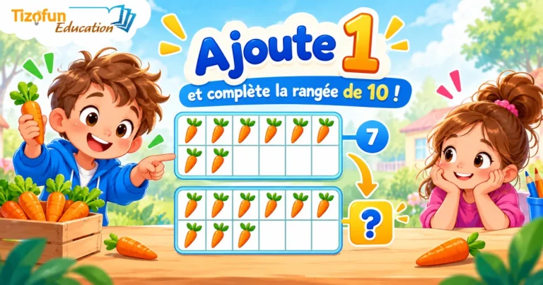 Deux enfants : une grille de 7 carottes, puis la même avec une carotte de plus — combien y en a-t-il ?