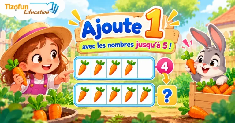 Une enfant et un lapin au potager : une rangée de 4 carottes, puis une carotte de plus — combien y en a-t-il ?