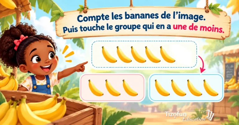 Compte les bananes, puis choisis le groupe qui en a une de moins : une fille montre cinq bananes, deux groupes de trois et quatre bananes au choix.