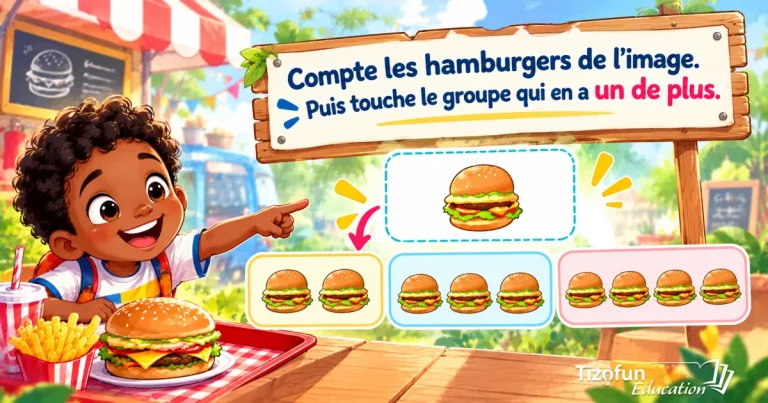 Compte les hamburgers, puis choisis le groupe qui en a un de plus : un garçon montre un hamburger, trois groupes de deux, trois et quatre hamburgers au choix.