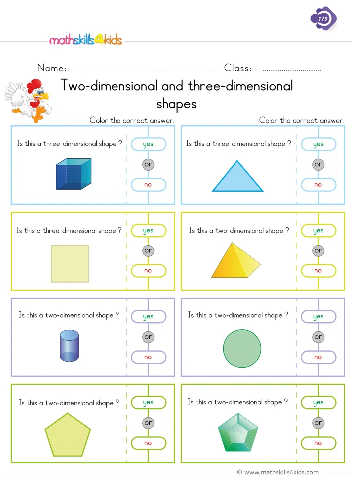 Preview of the 2D and 3D page: a blue cube, a yellow pyramid, a cylinder and a green gem next to a triangle, square, circle and pentagon.
