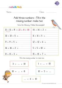 1st Grade Add Three Numbers Worksheet: Doubles First, Then Make Ten