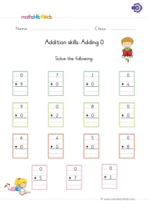 1st Grade Adding 0 Worksheet: Fifteen Vertical Sums with Zero