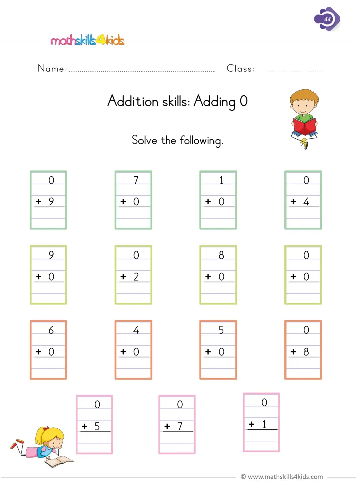 Preview of the zero page: stacked sums with a 0 on top or at the bottom and a blank line under each one for the answer.