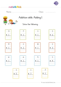 1st Grade Adding 1 Worksheet: Fifteen Vertical Sums of One More