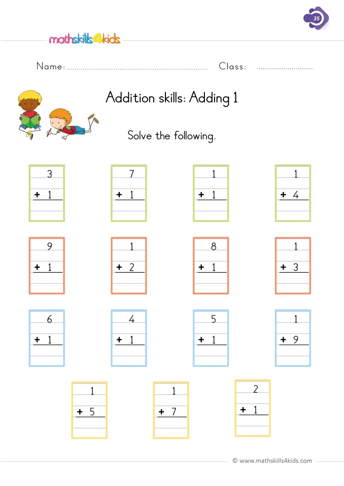 Preview of the one more page: stacked sums such as 3 + 1, 1 + 4 and 9 + 1, each in a small lined box to fill in.