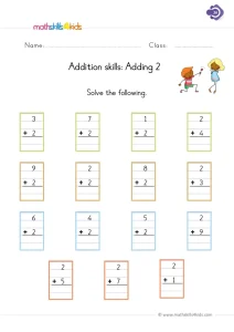 1st Grade Adding 2 Worksheet: Count On Two in Fifteen Vertical Sums