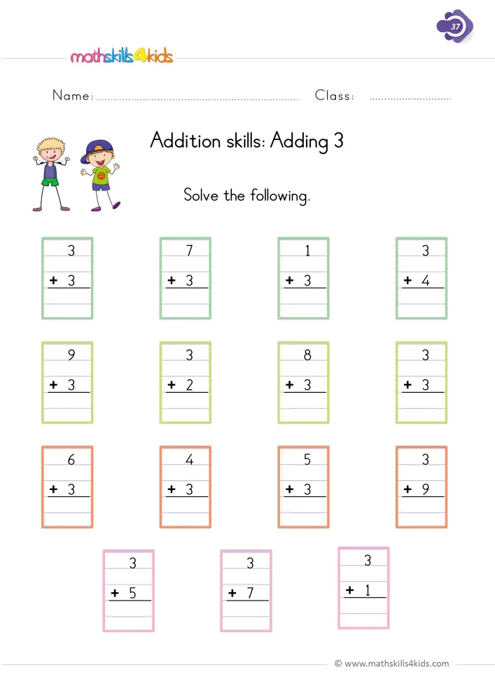Preview of the three more page: stacked sums with a 3 on top or at the bottom and a blank line under each one for the total.