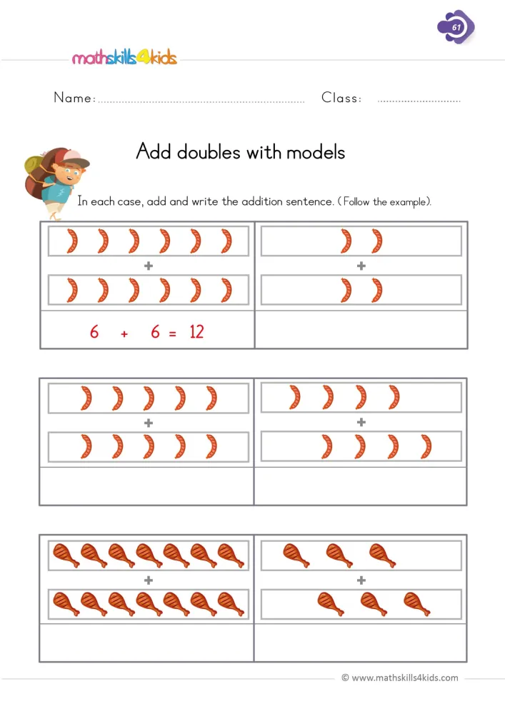 Preview of the doubles page: a worked example with six sausages in each row, then five more pairs of matching rows to write.