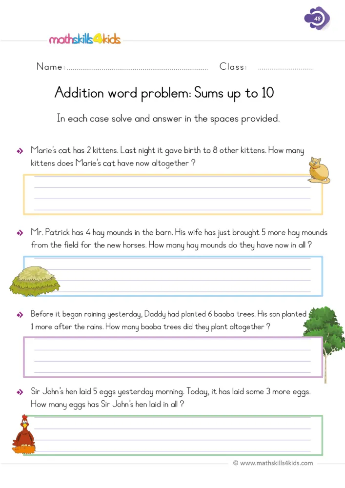 Preview of the story problems page: four questions about kittens, hay, trees and eggs, with colored lined boxes for the work.