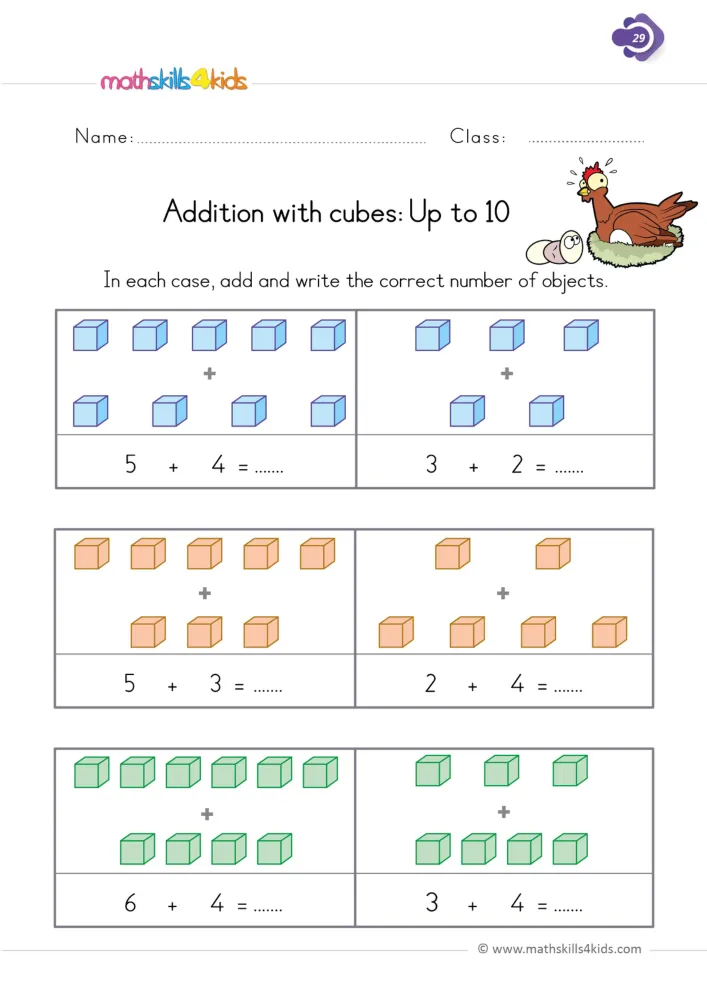 Preview of the cube addition page: rows of colored cubes joined by a plus sign, with a blank total under each pair of rows.