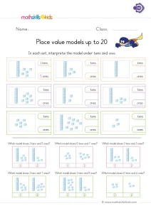 1st Grade Base Ten Blocks to 20 Worksheet: Read the Model