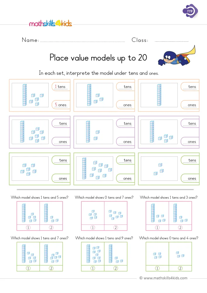 Preview of the place value models page: block models to read as tens and ones, and two-model choices numbered 1 and 2.