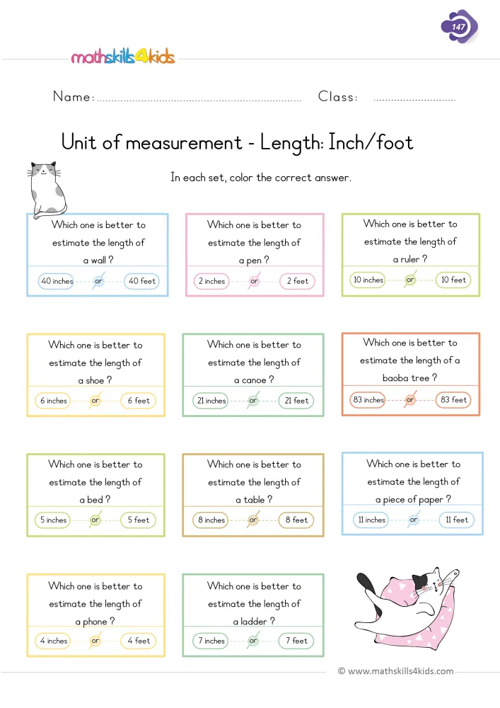 Preview of the inches or feet page: question boxes with two choices each, such as 6 inches or 6 feet, and a sleepy cat.
