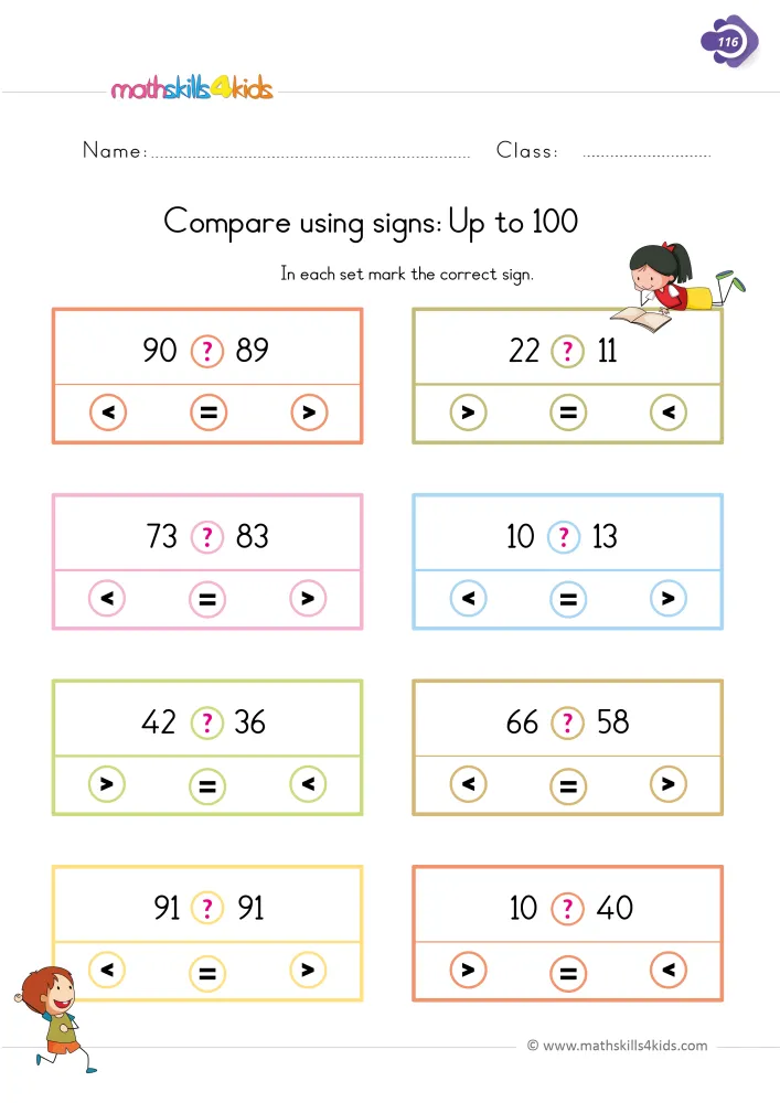 Preview of the comparing signs page: pairs such as 90 and 89, 22 and 11, 91 and 91, each with three sign circles to mark.