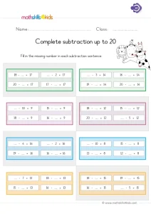 1st Grade Complete the Subtraction Worksheet: Missing Numbers to 20