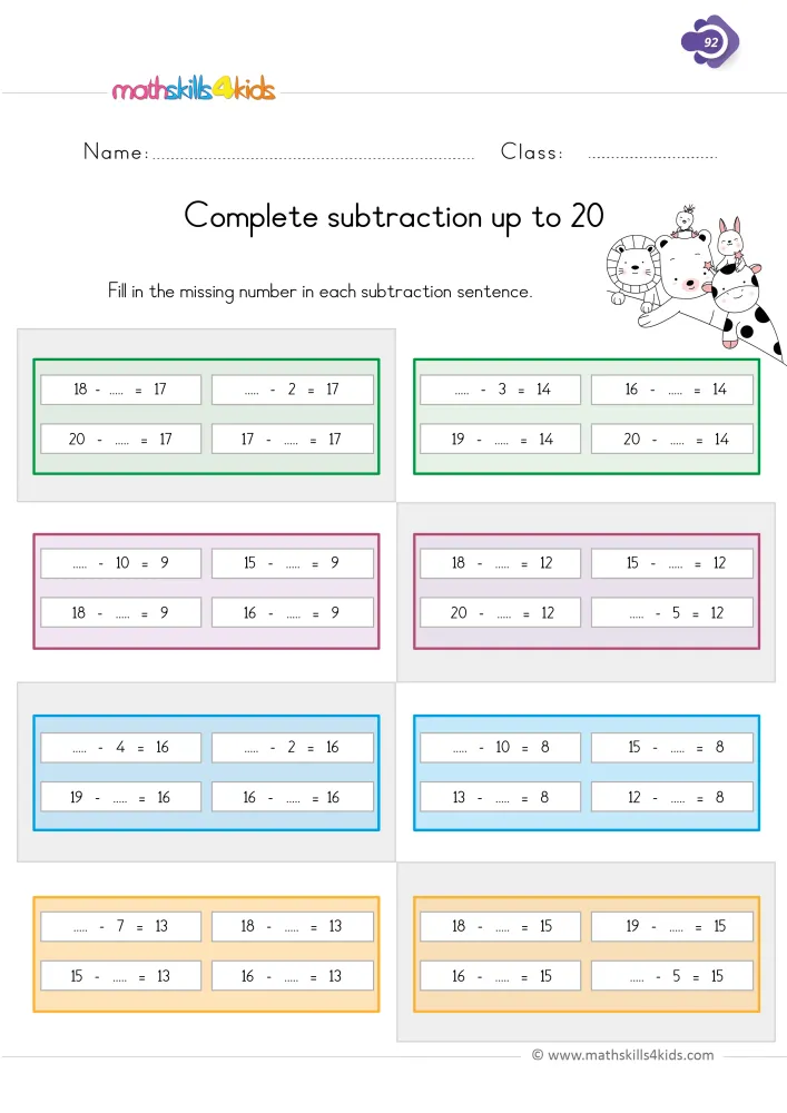 Preview of the missing number page: groups of subtractions that all equal 16, 8, 13 or 15, with cartoon animals at the top.